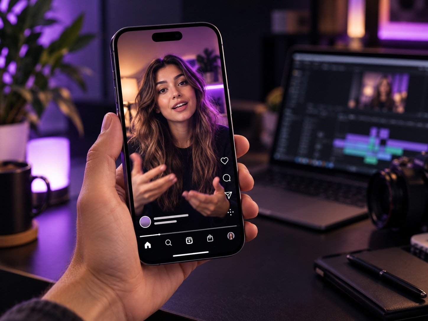 Celular exibindo um Reels em um feed de vídeos verticais