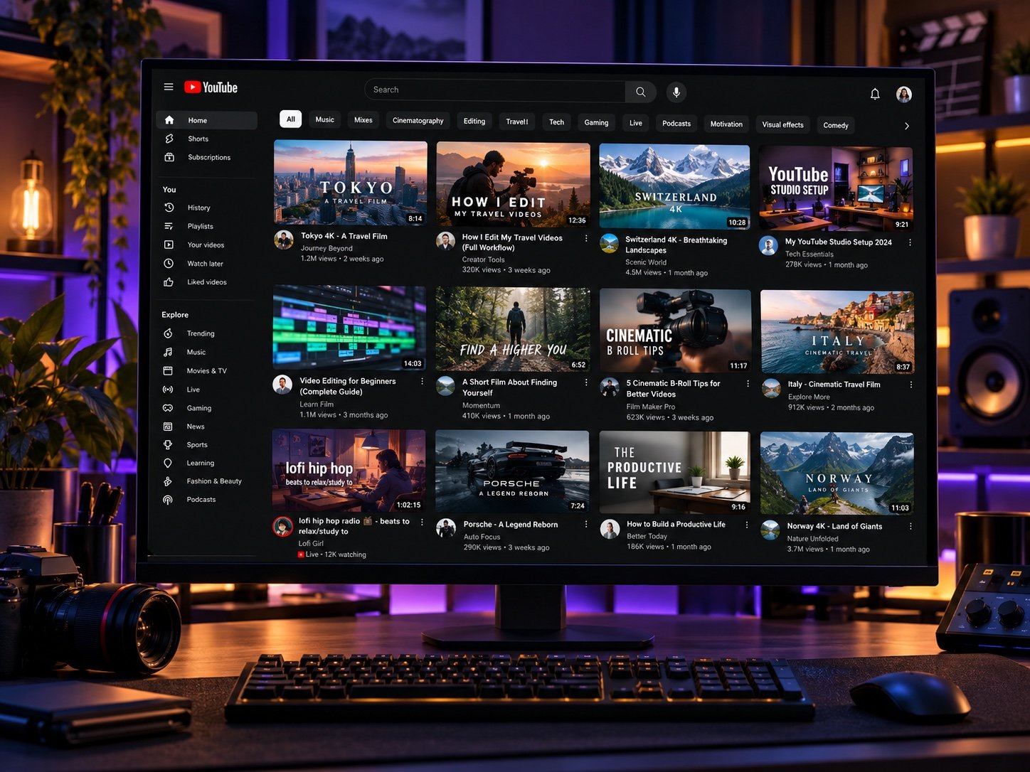 Monitor com uma página inicial de vídeos do YouTube